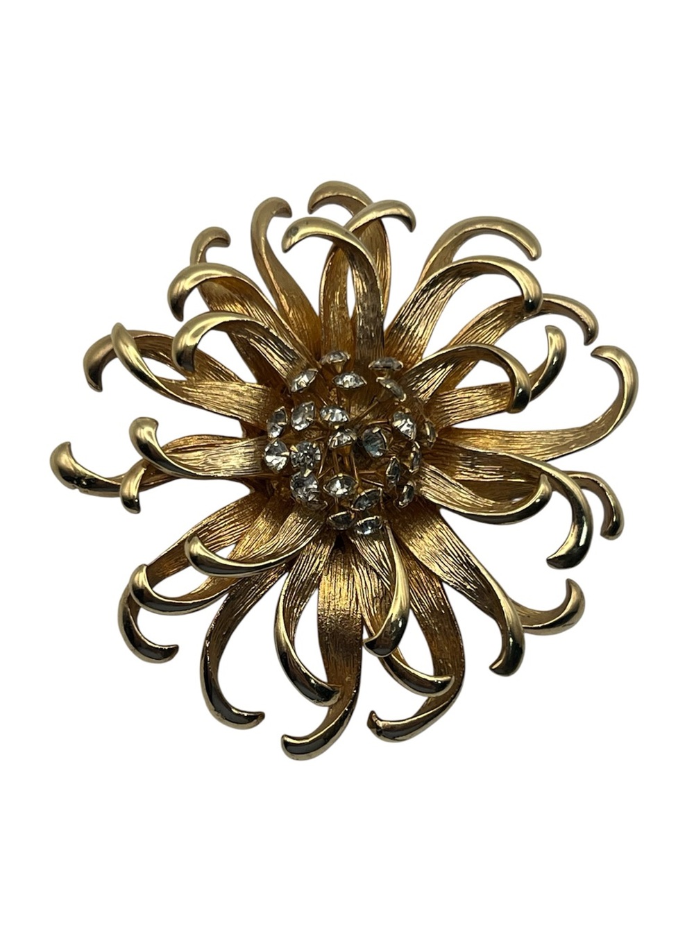 Gold tone oversized mum flower clear rhinestone vintage brooch pin